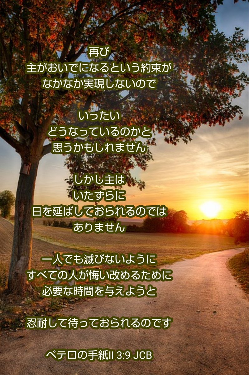 Akita_Calvary's tweet photo. 再び
主がおいでになるという約束が
なかなか実現しないので

いったい
どうなっているのかと
思うかもしれません

しかし主は
いたずらに
日を延ばしておられるのでは
ありません

一人でも滅びないように、
すべての人が悔い改めるために
必要な時間を与えようと

忍耐して待っておられるのです https://t.co/3QlLYagKzO