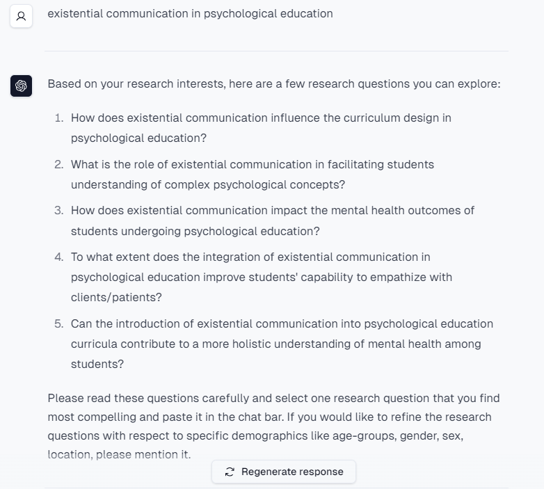 4 minutes — that's how long it took my colleague to craft a compelling research question.

All we did was run a few keywords through Research Kick. That's it.

My colleague is working on existential communication in psychological education. 

We simply pasted the keywords in