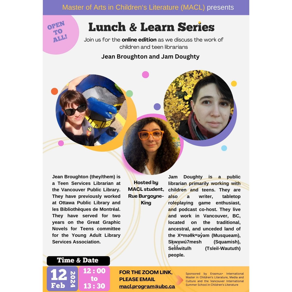 Presenting the first Lunch and Learn event of 2024! 

This month we have children and teen librarians Jean Broughton and Jam Doughty from Vancouver Public Library to share their experiences and careers with us!

#ubc #macl #childrensliterature #kidlit #onlineworkshop
