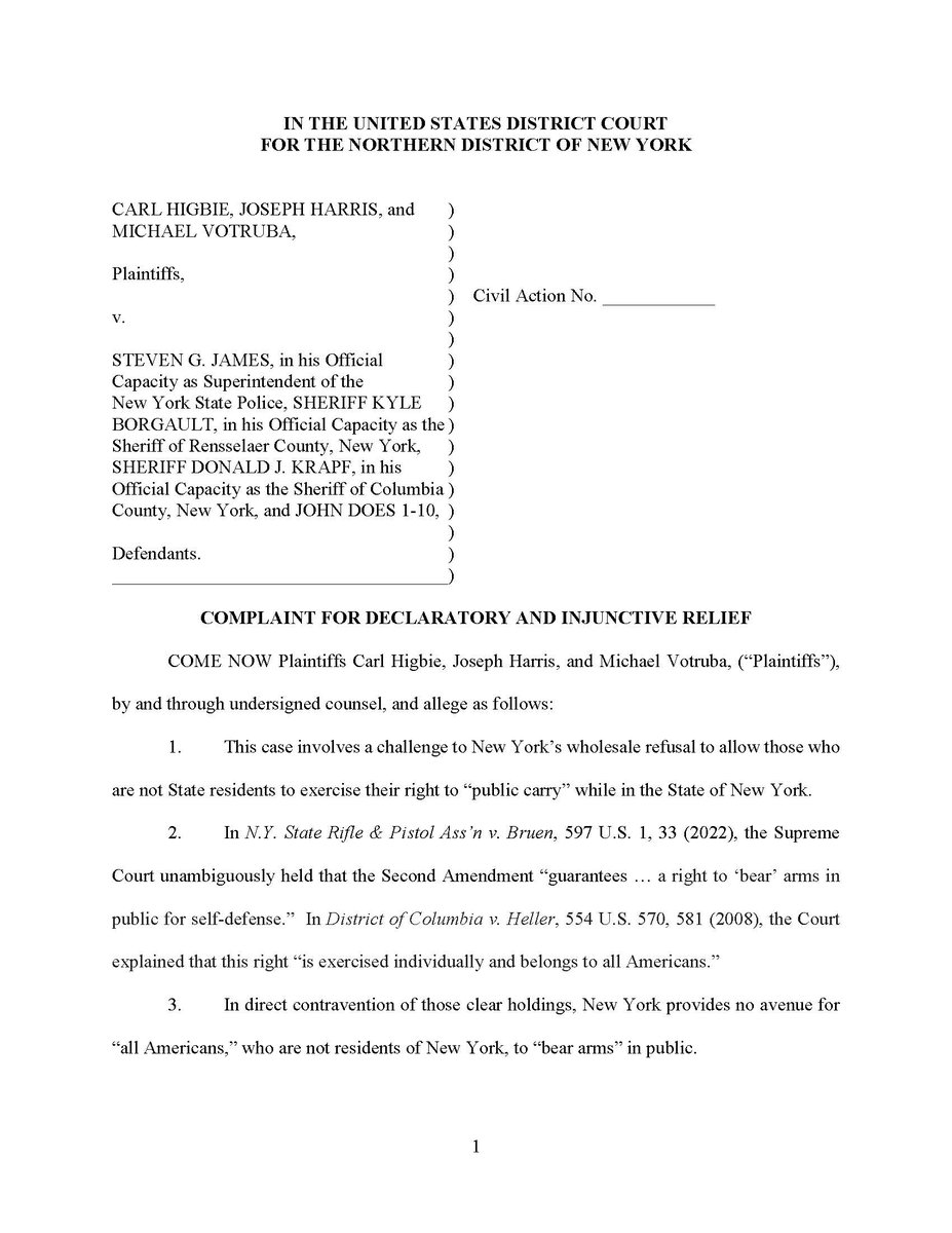 GunFoundation's tweet photo. 🚨BREAKING🚨

GOF and @GunOwners filed a lawsuit against the State of New York to force them to allow nonresidents the ability to carry firearms in the state.

Click the link below to read the full complaint.⤵️
https://t.co/i09SEQX0Pu https://t.co/sgJBBdRxnx