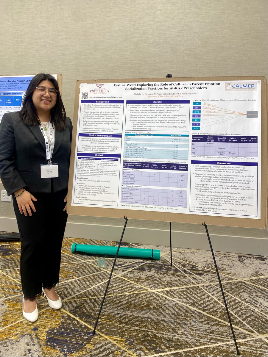 CALMER Lab (@calmerlab) on Twitter photo So proud of CALMER Lab PREP Scholar
<a href="/VTIMSDPREP/">Virginia Tech IMSD & PREP</a>, Michelle Le, who presented their research on the role of culture in parent emotion socialization practices for at-risk preschoolers at the inaugural <a href="/SCPdiv12/">Society of Clinical Psychology (APA Div. 12)</a> conference in Atlanta this weekend! So proud of CALMER Lab PREP Scholar
<a href="/VTIMSDPREP/">Virginia Tech IMSD & PREP</a>, Michelle Le, who presented their research on the role of culture in parent emotion socialization practices for at-risk preschoolers at the inaugural <a href="/SCPdiv12/">Society of Clinical Psychology (APA Div. 12)</a> conference in Atlanta this weekend!