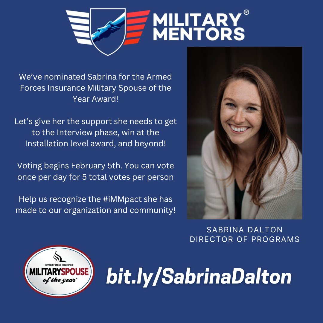milmentors's tweet image. We've nominated Sabrina for the Armed Forces Insurance's Military Spouse of the Year Award!

Help us recognize the #iMMpact she's made to our organization and community by voting at
bit.ly/SabrinaDalton

🔄 🎓 ⬆️
