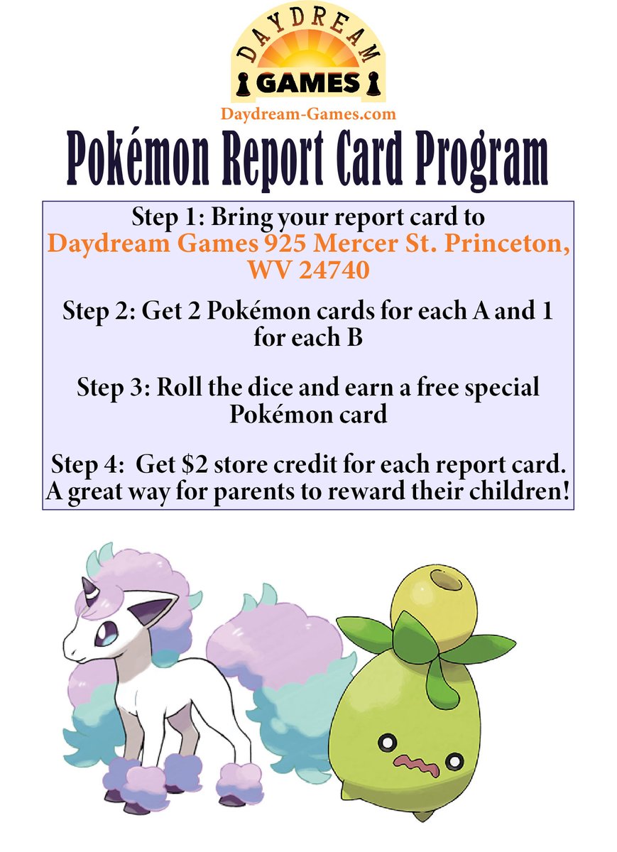 daydreamgames07's tweet photo. Daydream Games Pokémon Report Card Program is going until the end of February! When you bring your report card in, you'll also receive a free raffle ticket for our Scarlet &amp; Violet Ultra-Premium Collection Box giveaway! https://t.co/yhGRJom5bf