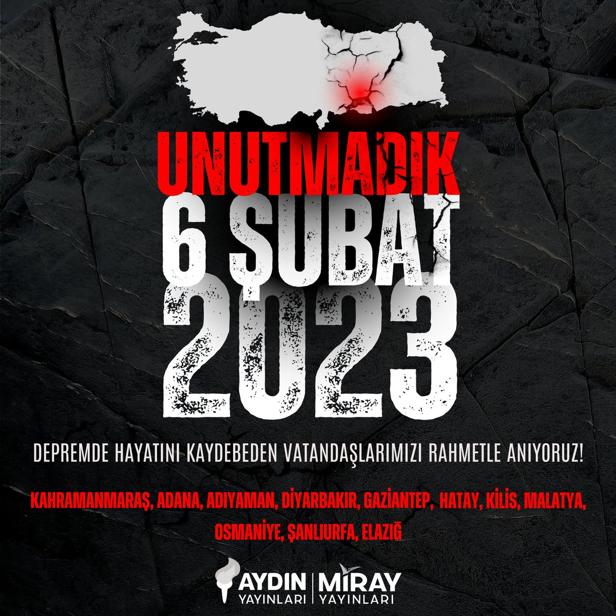 aydinyayin's tweet photo. 6 Şubat 2023'te Kahramanmaraş merkezli meydana gelen ve birçok ilimizi etkileyen depremlerde hayatını kaybeden vatandaşlarımızı rahmetle anıyor, depremden etkilenen ve yaralarını sarmaya devam eden vatandaşlarımıza bir kez daha geçmiş olsun dileklerimizi iletiyoruz.

#6Şubat2023 https://t.co/S855hO9NF7