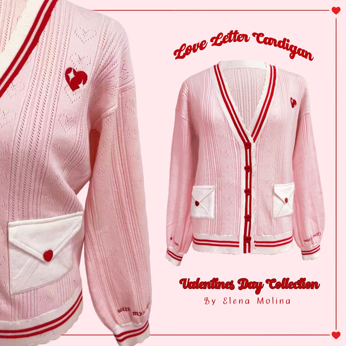 elemoli_'s tweet photo. [Please share! It helps!] 
Original Valentine's Day Collection 

💌 LOVE LETTER CARDIGAN 💌

♥️ Knitting detail with pattern with hearts
♥️ Love letter pockets
♥️ Embroidered details (heart, quote…)

This collection will be up THE NEXT WEDNESDAY 7TH FEBRUARY!!

Thank you 🙏 https://t.co/weOedCqWf7