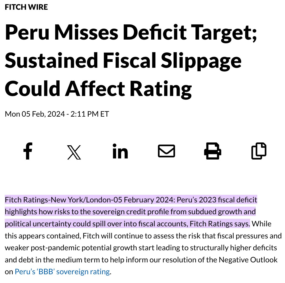 Ojo con la alerta de Fitch sobre la meta de déficit fiscal que Perú no alcanzó en 2023–algo que se advirtió–: la agencia considera que un incumplimiento sostenido de la meta fiscal, frente al menor crecimiento y un difícil contexto político, puede afectar el rating del país🧵🇵🇪👇