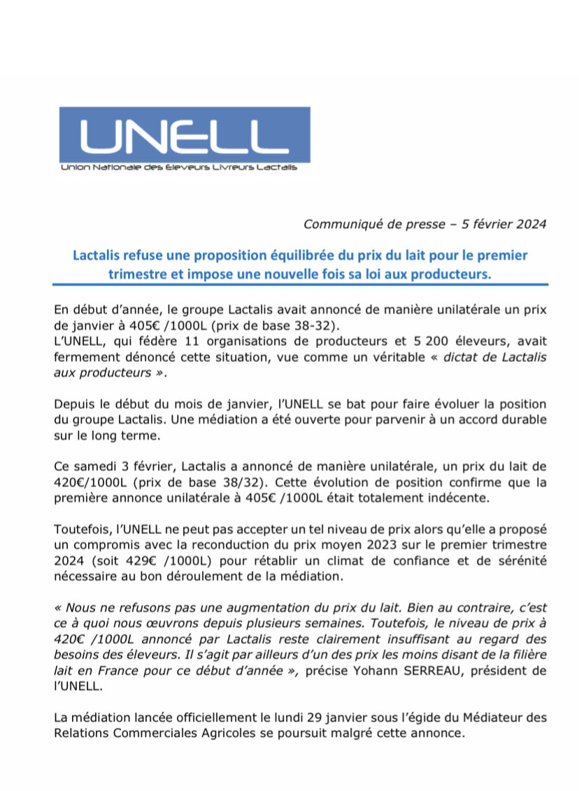 #prixdulait Unell-#Lactalis : L’Unell demande 429€/1000l de prix de base sur le 1re trimestre. Le Lavallois a annoncé samedi 420€ en janvier et février.