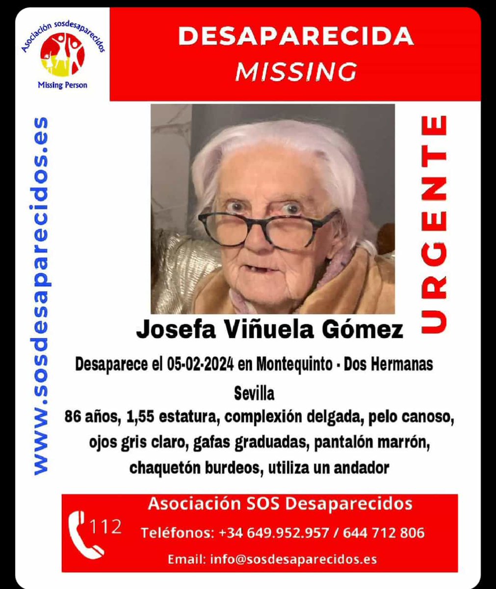 aspo_sevilla's tweet photo. MAXIMA RT. Ayúdanos a encontrarla cuanto antes. Se llama Josefa, de 86 años y ha desaparecido hoy lunes, 5 de febrero,  en Montequinto.  Utiliza un andador. https://t.co/1SxdxE1Yp7