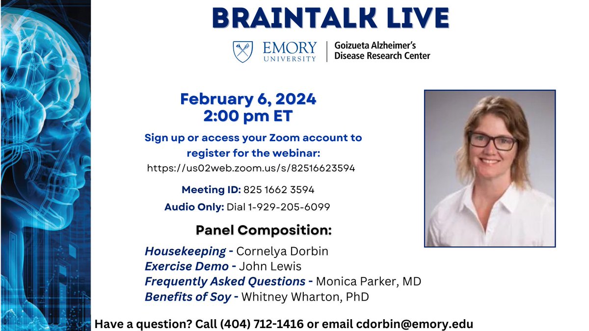 Goizueta ADRC at Emory University (@goizuetaadrc) on Twitter photo Join us tomorrow at 2 PM ET for BrainTalk Live! We'll be joined by Emory University's <a href="/WhitneyWharton4/">Whitney Wharton PhD</a>, PhD to hear about her research on the benefits of soy.
Registration: us02web.zoom.us/webinar/regist… Join us tomorrow at 2 PM ET for BrainTalk Live! We'll be joined by Emory University's <a href="/WhitneyWharton4/">Whitney Wharton PhD</a>, PhD to hear about her research on the benefits of soy.
Registration: us02web.zoom.us/webinar/regist…