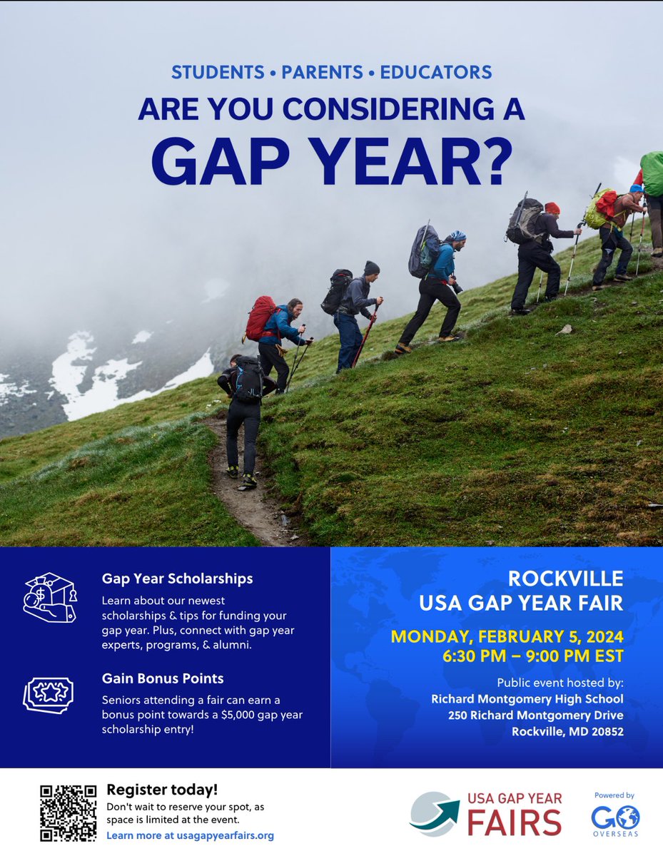 Richard Montgomery High School will host the Gap Year Fair TODAY, Monday, February 5, 2024, from 6:30-8:30 pm

This event is open to all MCPS students

Registration Link: eventbrite.com/e/rockville-us…

Please see the flyers below for more information!
