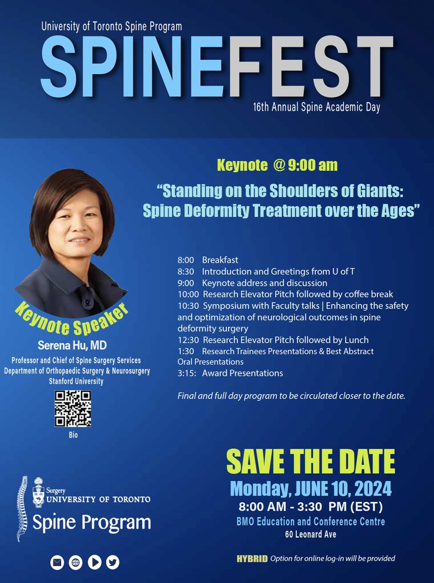 SAVE THE DATE | SpineFEST 2024 | Monday, June 10, 2024 #Spine #Surgery #Deformity @UofTSurgery @UofTNeuroSurge @UofTPGME @Toronto_Ortho