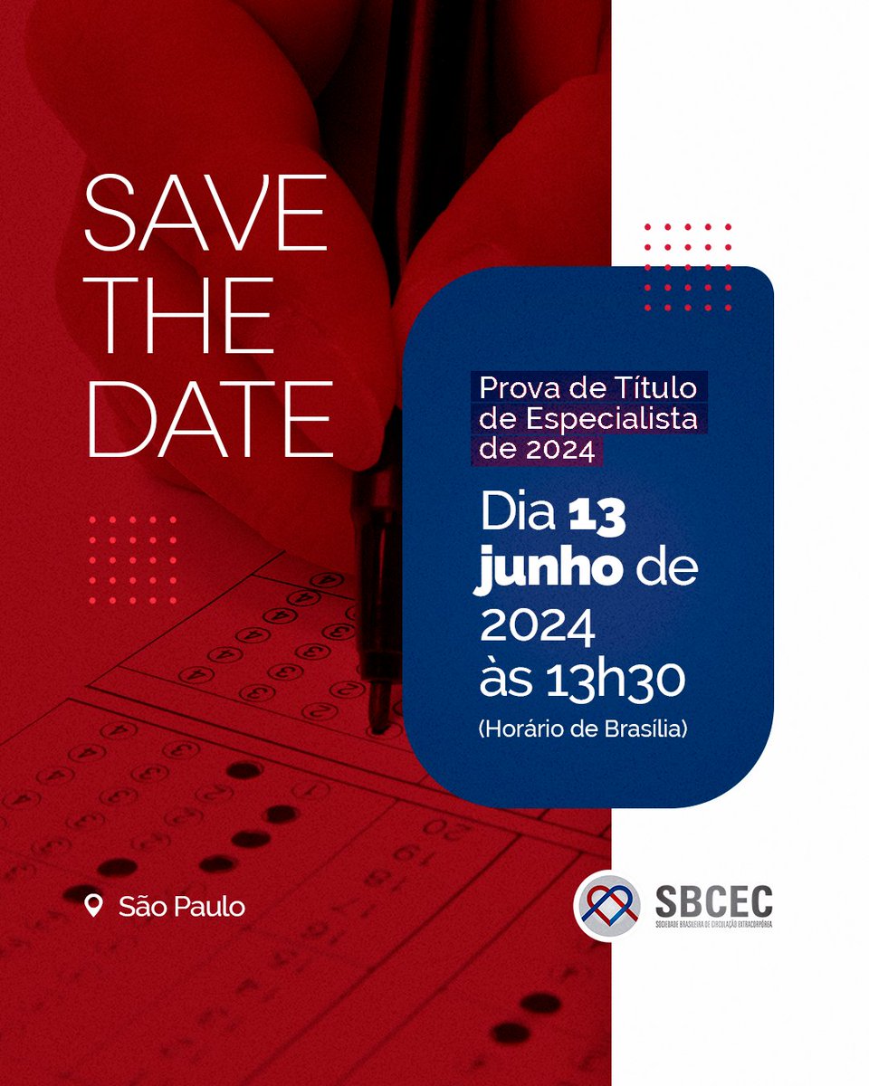 SBCEC's tweet photo. 📅 A data mais aguardada do ano já está definida!

📍 Marque na sua agenda: A prova de título de especialista desse ano será em 13 de junho de 2024 às 13h30 (Horário de Brasília) em São Paulo. 🌆🇧🇷

O local da prova será publicado em breve! 📢

#ProvaEspecialista2024 #SaveTheDate https://t.co/NUjjTQXCcv