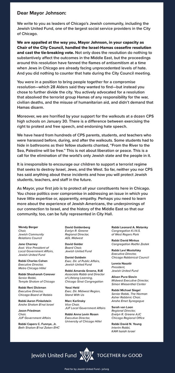AJCGlobal's tweet photo. AJC joined with @JUFChicago and other Jewish organizations to send a letter addressing @ChicagosMayor over his tie-breaking vote on Chicago's ceasefire resolution.

Calling for an unconditional ceasefire, without the dismantling of Hamas and safe return of all the hostages, benefits terrorists.