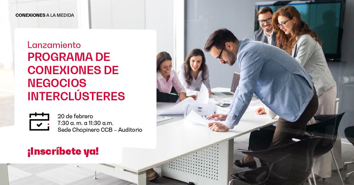 ¡En la CCB #TeConectamos! 🚀✨Te invitamos al lanzamiento del Programa de Conexiones de Negocios Interclústeres 2024. Descubre cómo ampliar tu red de contactos, acceder a nuevos mercados y hacer más negocios. Conoce más aquí👉tinyurl.com/m7mzkwtu