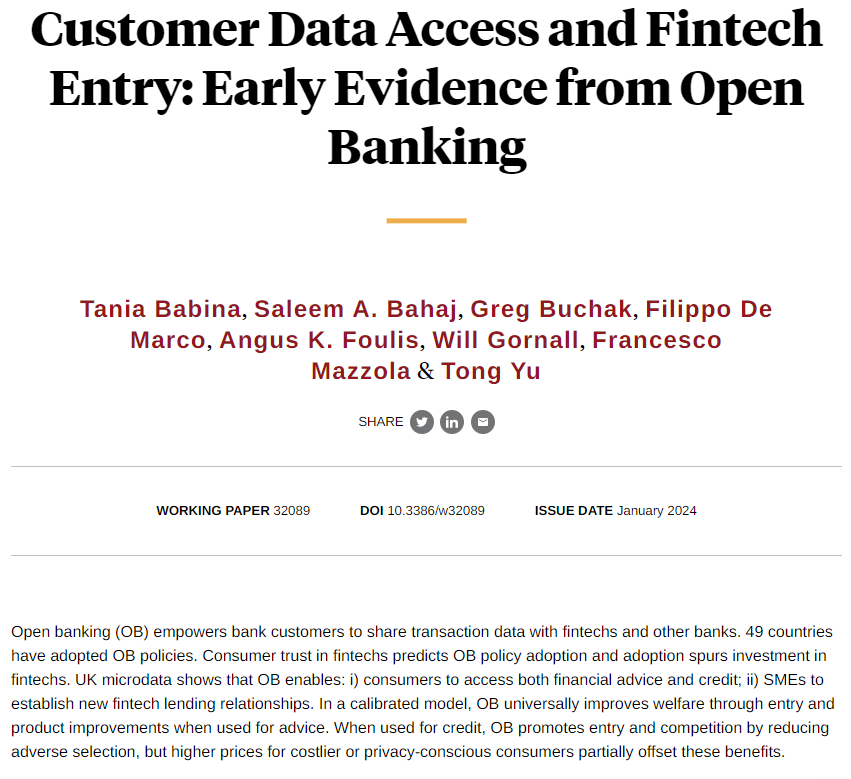 Bank policies allowing bank customers to share their financial data from their bank with fintechs lead to more financial innovation and improve outcomes for consumers and SMEs, from @TaniaBabina, Bahaj, Buchak, De Marco, Foulis, Gornall, Mazzola, and Yu nber.org/papers/w32089