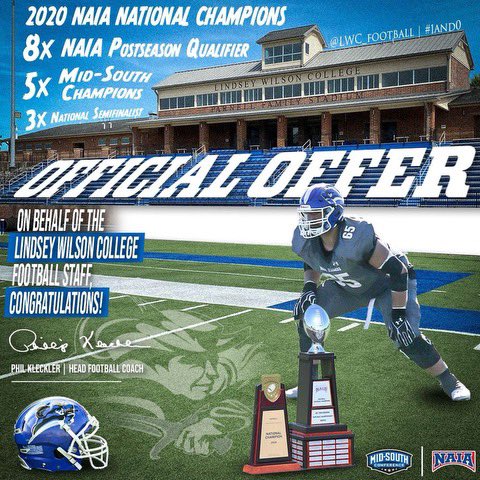 After a great conversation with @CoachAmbroseLWC I am blessed to have received an offer from @LWC_Football!!💙🖤