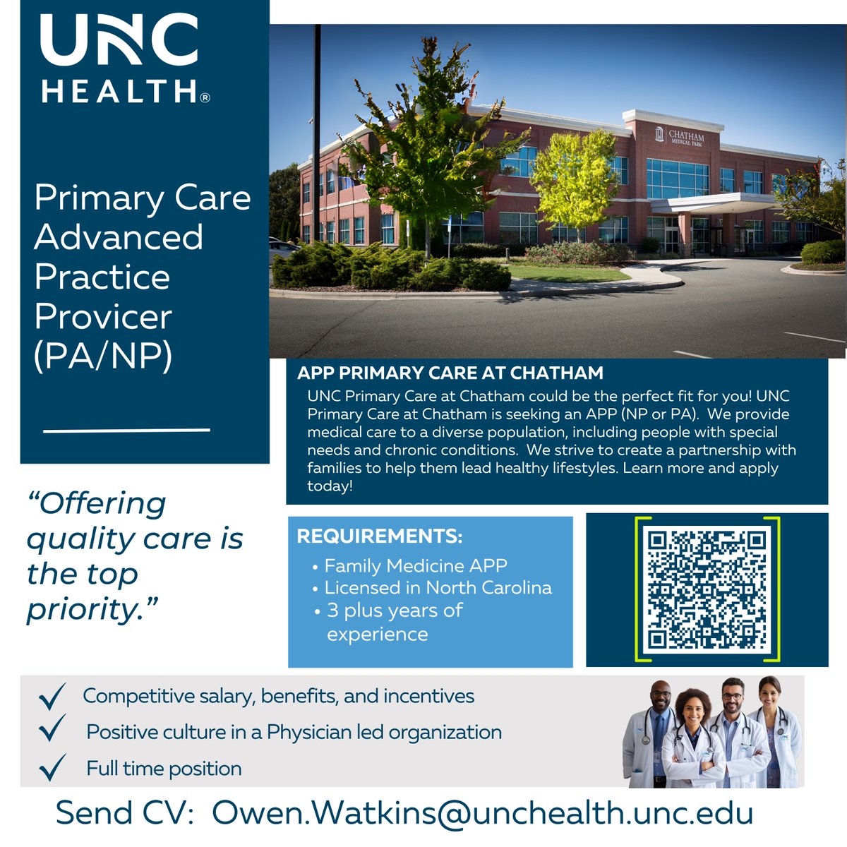 We seek an experienced Primary Care Advanced Practice Provider (NP/PA) to join our #OneGreatTeam at UNC Primary Care at Chatham. #PrimaryCare #Medicine #UNCHealth #APP

jobs.unchealthcare.org/jobs/13538625-…

#AdvancedPracticeProvider #PhysicianAssistant #NursePractitioner #PhysicianAssociate