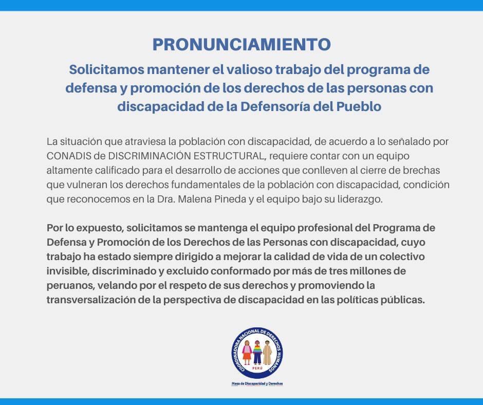DiscapacidadY's tweet photo. 📌 PRONUNCIAMIENTO

Solicitamos mantener el valioso trabajo del programa de defensa y promoción de los derechos de las personas con discapacidad de la Defensoría del Pueblo @Defensoria_Peru 

Firman la Mesa de Discapacidad y Derechos y organizaciones aliadas. https://t.co/vZKdPU2fGJ