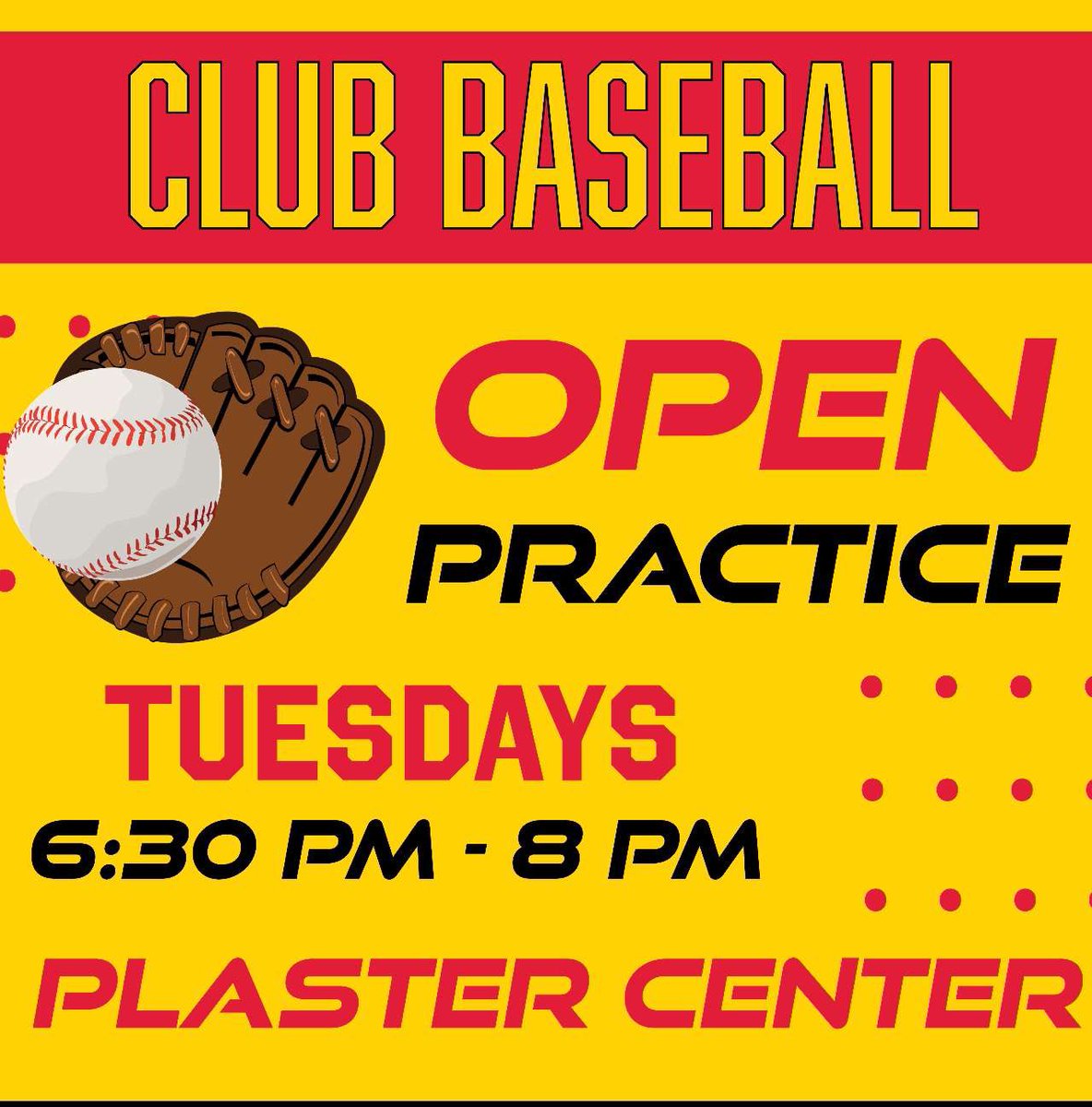 Interested in club baseball, feel free to stop by practice this Tuesday. We are looking to add a few guys to our roster .