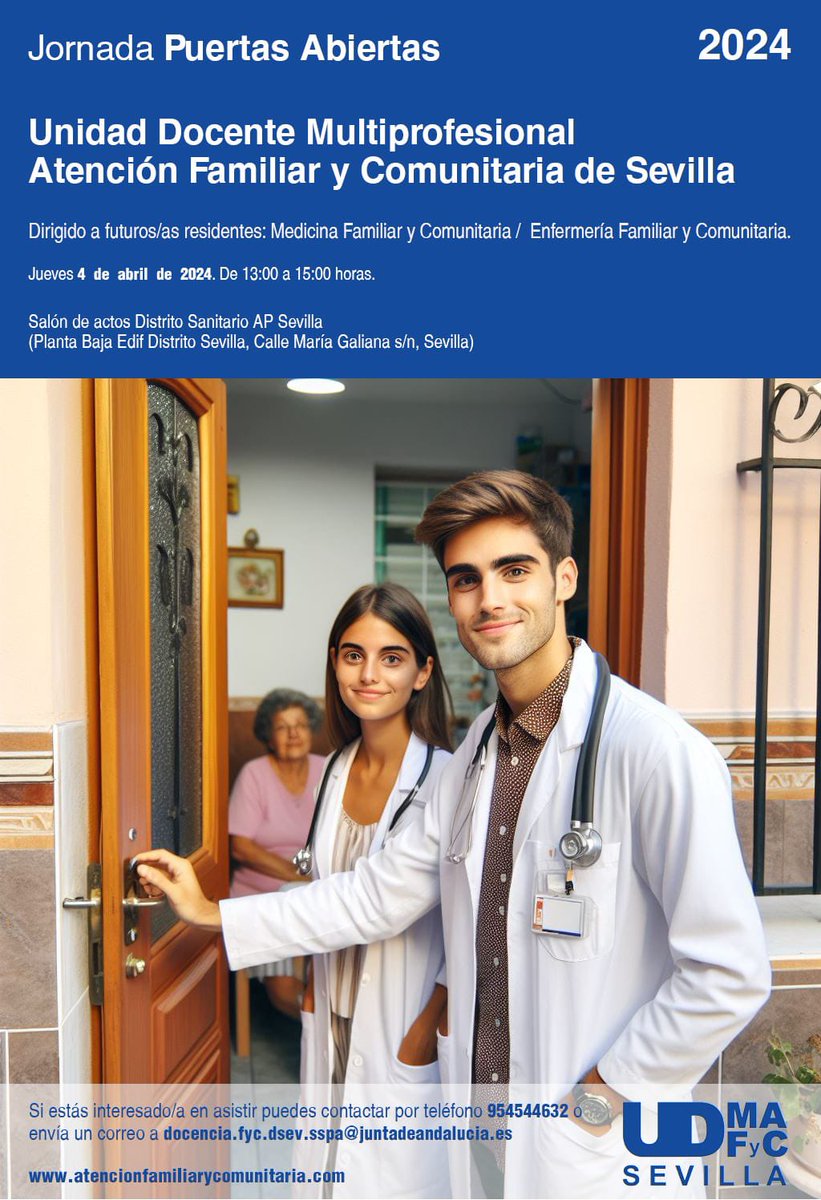 Jornada puertas abiertas
4 de abril a las 13h
Encantados de recibir e informar a los/as futuros/as residentes de EFyC y MFyC que estén interesados/as en realizar su formación como especialistas con nosotros.