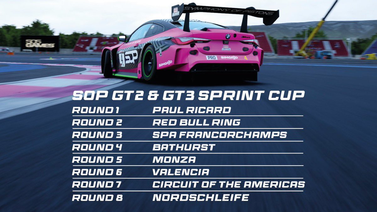 SopMotorsport's tweet photo. The 2024 SOP GT2 &amp; GT3 Sprint Cup is now live, including two brand new track to the calendar!

Don’t miss out, get yourselves sign up today!
https://t.co/rbpsUxvq7b

#besop #simracing https://t.co/H56DNkDMcU