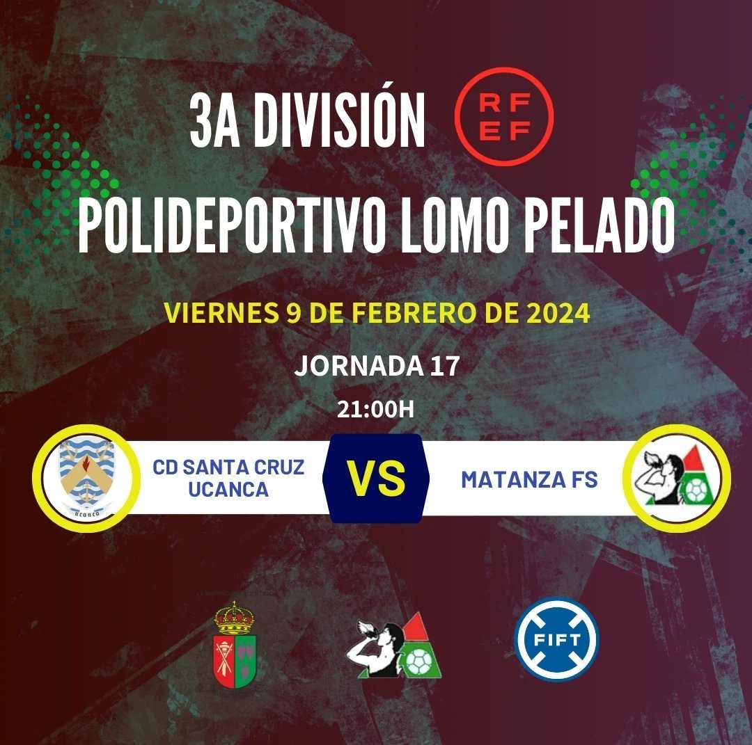 MatanzaSala's tweet photo. #VAMOSMATANZA

SENIOR (@salacanario):

Viernes 9 de Febrero de 2024.
3a División - jornada 17 (21:00h) 
Polideportivo Lomo Pelado.

@Efs_ucanca - @MatanzaSala

¡SE PUEDE! ⚽💪

¡VAMOS MATANZA! ⚫🔴🟢

#JuntosSomosFuertes #Matanzafs #3aDivision #RFEF #FIFT #Futsal #IslasCanarias https://t.co/gPr9J6MzF3