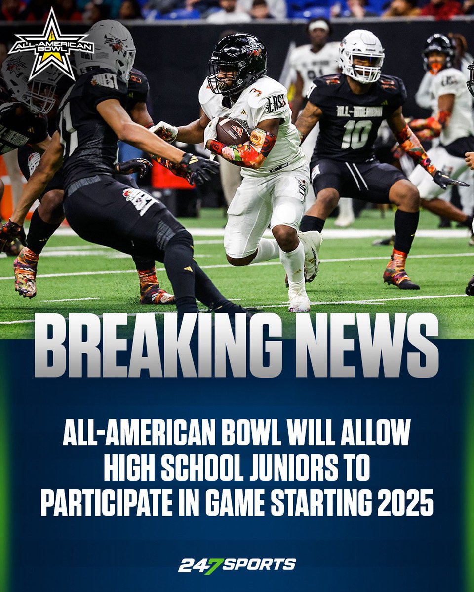 247Sports (@247sports) on Twitter photo ๐จA big change is coming to the All-American Bowl. <a href="/AABonNBC/">Navy All-American Bowl</a>
Starting in 2025, juniors will be able to participate in the nationโs premier high school sporting event.
More by <a href="/Andrew_Ivins/">Andrew Ivins</a>- 247sports.com/article/all-amโฆ ๐จA big change is coming to the All-American Bowl. <a href="/AABonNBC/">Navy All-American Bowl</a>
Starting in 2025, juniors will be able to participate in the nationโs premier high school sporting event.
More by <a href="/Andrew_Ivins/">Andrew Ivins</a>- 247sports.com/article/all-amโฆ