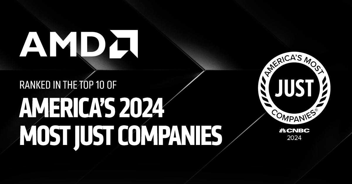 AMD is honored to be ranked #9 in the 2024 JUST 100 list by <a href="/JustCapital/">JUST Capital</a> and <a href="/CNBC/">CNBC</a> for our commitment to employees, customers, communities and stakeholders. bit.ly/3SvMMLT #AmericasMostJUST #JUST100