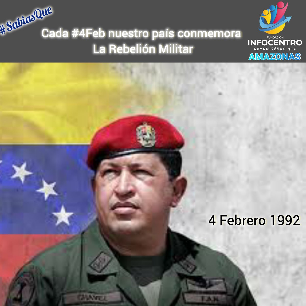 1ama16Emi's tweet photo. Nuestro País conmemora la Rebelión Militar del 4 de febrero de 1992, cuando un grupo de patriotas, encabezados por el entonces Teniente Coronel Hugo Chávez Frías, se alzó contra el control de las políticas neoliberales aplicadas por el gobierno de Carlos Andrés Pérez. https://t.co/Qhvruu95fb