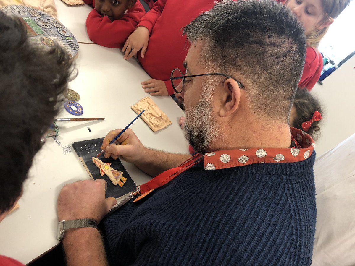 We regularly work with professional artists to develop our techniques including our control and use of materials. This half term we’ve learnt about Burmantofts Pottery and worked with artist Kevin Hickson to improve our clay skills. Here are our Y5 ‘Cosmic’ inspired wall hangings