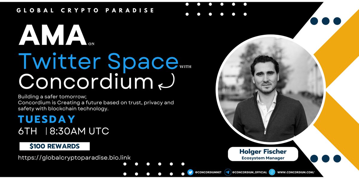 We're pleased to announce our next #XspaceAMA with CONCORDIUM on 6th Feb 2024 at 8:30 AM UTC 💰 Reward Pool : 100$ 〽️Rules: 1⃣ Follow @GlobalCrypto12 & @ConcordiumNet @hchfischer 2⃣ Like, RT & Ask Your Qtns Live 3️⃣ 🔔 Set reminder : x.com/i/spaces/1MYxN…