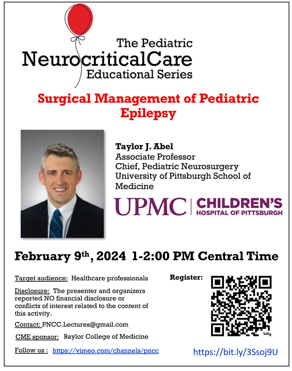 🌟#NeuroPICU Education Series🌟 Multidisciplinary care by NSGY 🤝Neurology🤝CCM leading to breakthroughs in epilepsy! Lecture: Surgical Management of Pediatric Epilepsy By: @TaylorAbelMD 🗓️Friday Feb 9th, 1-2 PM CST ✅Register: bit.ly/3Ssoj9U #PedsICU RT!♥️🤩