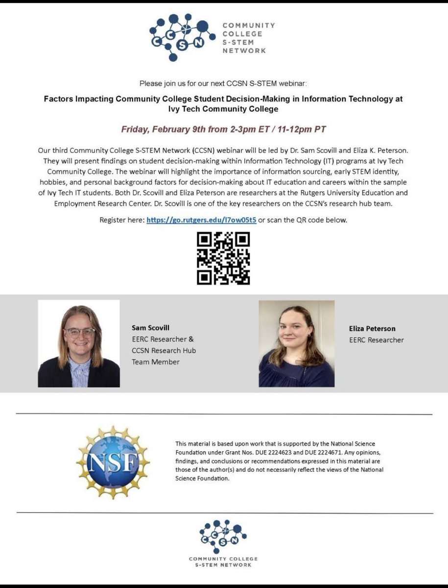 I'm really looking forward to this webinar on Friday February 9, presented by the Community College S-STEM Network (lnkd.in/g7-zAxUq). Please join us this Friday! 📣  

Register here: lnkd.in/gVsBmt5N

#NSF #SSTEM #CommunityColleges #STEMEducation #STEMWorkforceDev