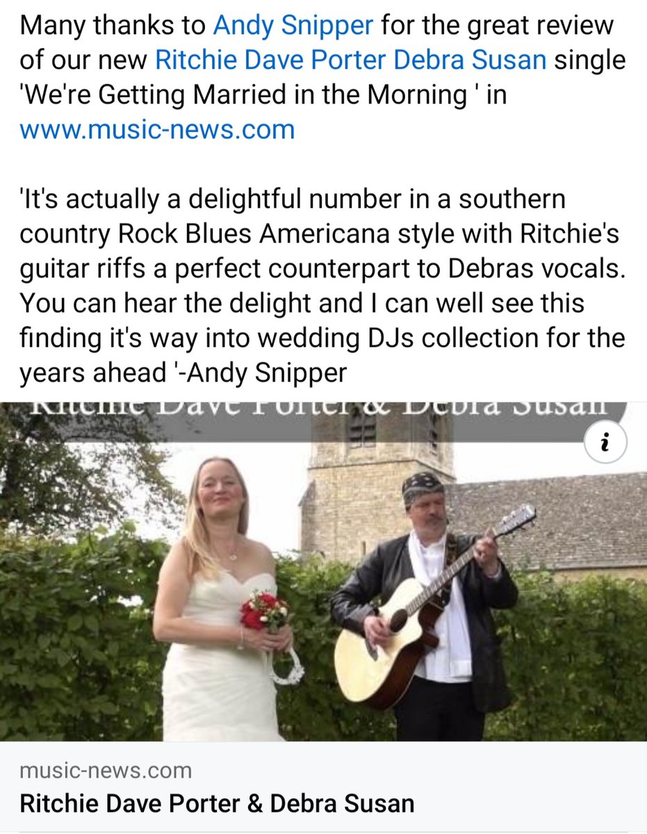 Great review of the new Ritchie Dave Porter and Debra Susan single 'We're Getting Married in the Morning ' in music-news.com review by Andy Snipper #singlereview #itunessingle #Amazonsingle #rockandblues #bluesandrock #southernrock #southernrockmusic #southerncountryrock