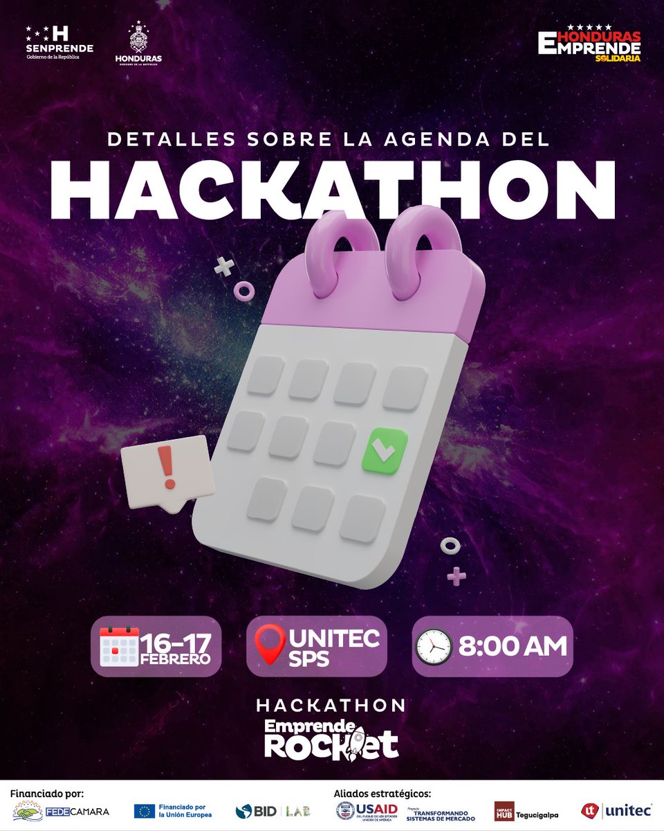 impacthubTGU's tweet photo. ¡Únete al Hackathon de Emprende Rocket! 🚀
Una oportunidad única para aprender, crear y conectar con otros emprendedores e innovadores. 
Detalles del Hackathon:
🗓️ 16 y 17 de febrero
📍 UNITEC Campus de San Pedro Sula
🕦 Día 1: 9:00 AM - 7:00 PM | Día 2: 8:00 AM - 12:00 PM. https://t.co/BXyHWVyGH7