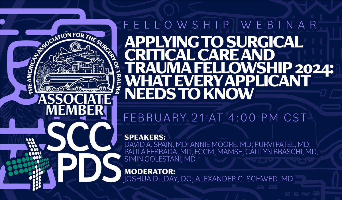 Considering a Trauma/SCC fellowship? The @traumadoctorsam & @SURGCC have you covered with a webinar discussing the match, finding your fit & more!

Featuring @DavidASpain, Annie Moore @pppatelmd
@SiminGolestani @pferrada1 Caitlyn Braschi @Joshua_Dilday @AlexSchwed