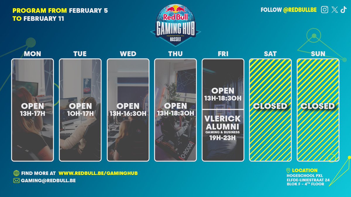 RedBullBe's tweet photo. Hereโs the schedule of the week at our Red Bull Gaming Hub! @HogeschoolPXL @Esports_PXL โก๏ธ
Explore extended opening hours and join us for @Vlerick_Alumni's event about business & gaming on Friday!
๐ Check it out: https://t.co/wGd01GO5fI
#RedBullGamingHub #GivesYouWings https://t.co/vPZdPu6yKF