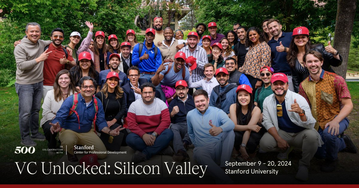 Excited to be back at Stanford University for #VCUnlocked: Silicon Valley, Sept 9-20, 2024! 🚀In collaboration with @StanfordCPD, @500Global is opening our playbook from over a decade of experience in VC.

Nominations are now open: 500.co/venture-educat…