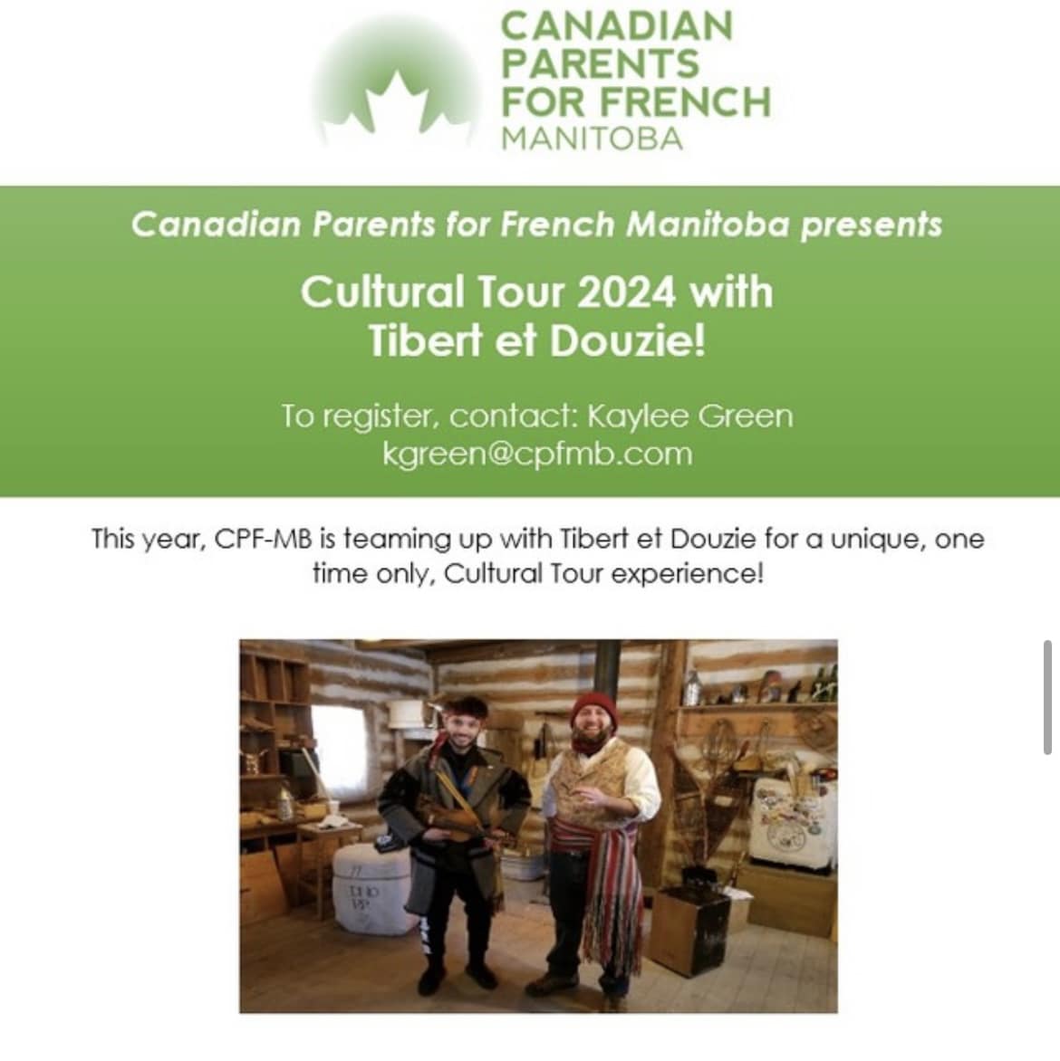 ‼️Attention K-12 schools‼️ There is only one spot remaining for our 2024 Cultural Tour with Tibert et Douzie! 

📧 kgreen@cpfmb.com for more information and to book!