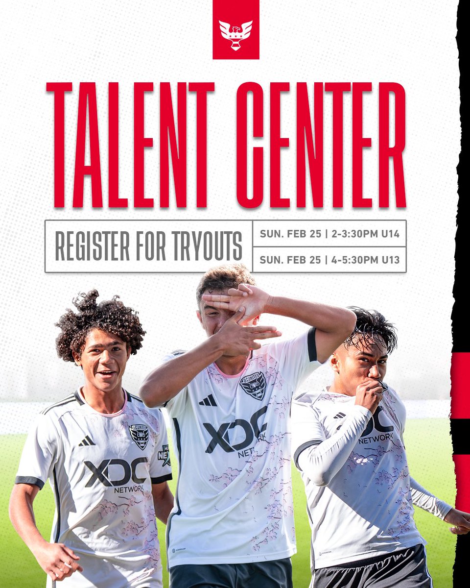 DCUyouth's tweet photo. ➡️ Talent Center: February 25th ‼️

Want to join the Black-and-Red family? ⚫️🔴
This is your opportunity to tryout!

Ages:
▪️U14s (Born in 2010)
🔺U13s (Born in 2011/2012)

🗓 February 25th, 2024
🏟 Segra Field ⁣
💻 Registration Open (Link in bio)
⁣
𝐏𝐥𝐚𝐲𝐞𝐫𝐬 𝐦𝐮𝐬𝐭 𝐛𝐞 𝐫𝐞𝐠𝐢𝐬𝐭𝐞𝐫𝐞𝐝 𝐭𝐨 𝐚𝐭𝐭𝐞𝐧𝐝. 

#DCUYouth | #VamosUnited | #TalentCenterDCU