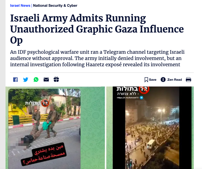 An Israeli psychological warfare unit ran a graphic Telegram channel glorifying gory killings of Palestinians with language like 'Exterminating the roaches... exterminating the Hamas rats... Share this beauty,' according to Israeli newspaper Haaretz, which reports that the army…