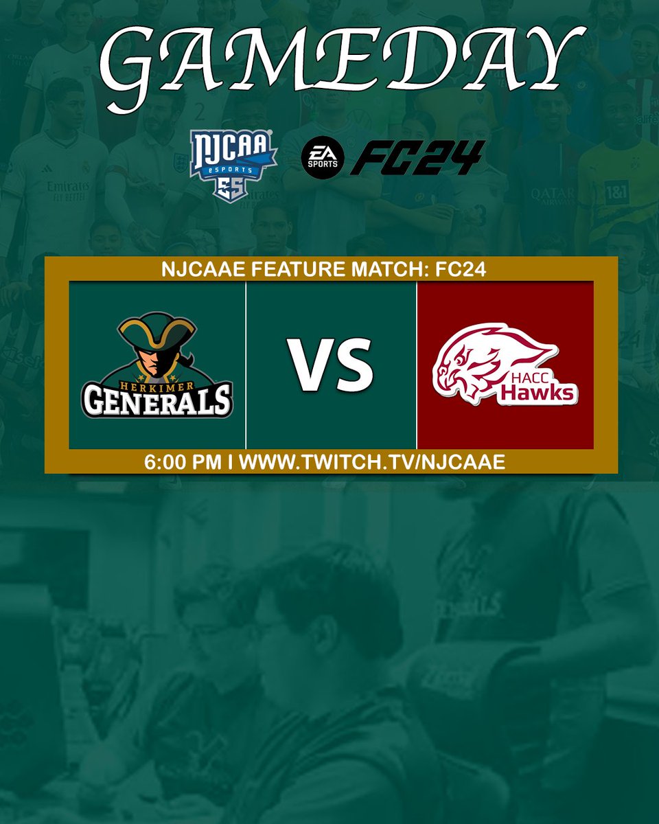 Herkimer Generals (@herkimergeneral) on Twitter photo ESPORTS GAME DAY ‼️
Herkimer will compete against Harrisburg Area Community College in tonights <a href="/NJCAAe/">NJCAA Esports</a> FC24 Feature Match!
⏰ 6:00 PM
💻 twitch.tv/njcaae
#HerkNation I #DefendTheHill 💚💛⚔️ ESPORTS GAME DAY ‼️
Herkimer will compete against Harrisburg Area Community College in tonights <a href="/NJCAAe/">NJCAA Esports</a> FC24 Feature Match!
⏰ 6:00 PM
💻 twitch.tv/njcaae
#HerkNation I #DefendTheHill 💚💛⚔️