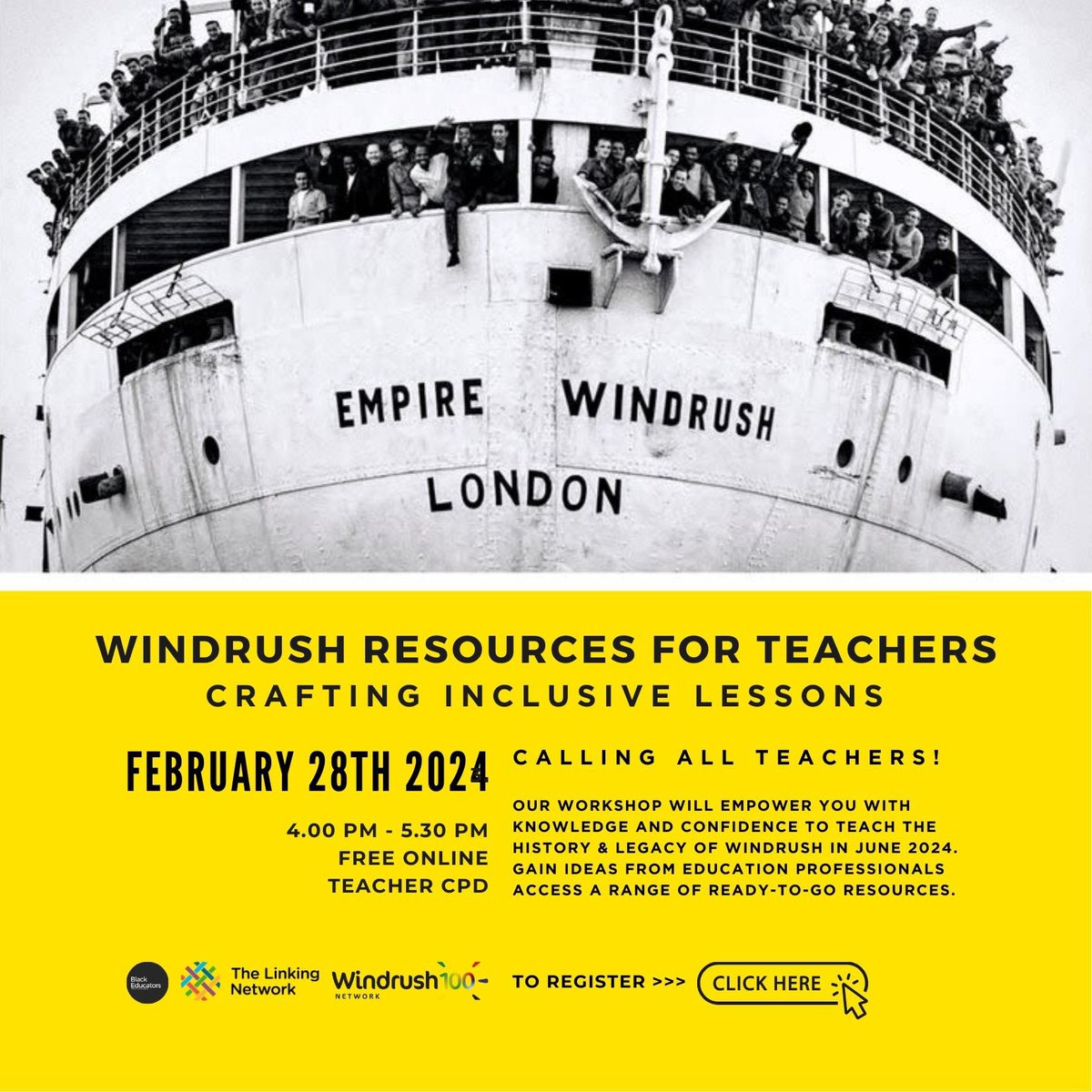 Planning to teach about #Windrush this year? Looking for resources & support? Join our FREE online event- the perfect opportunity for teachers seeking to enhance their knowledge & confidence in why & how to teach this important aspect of British history docs.google.com/forms/d/e/1FAI…