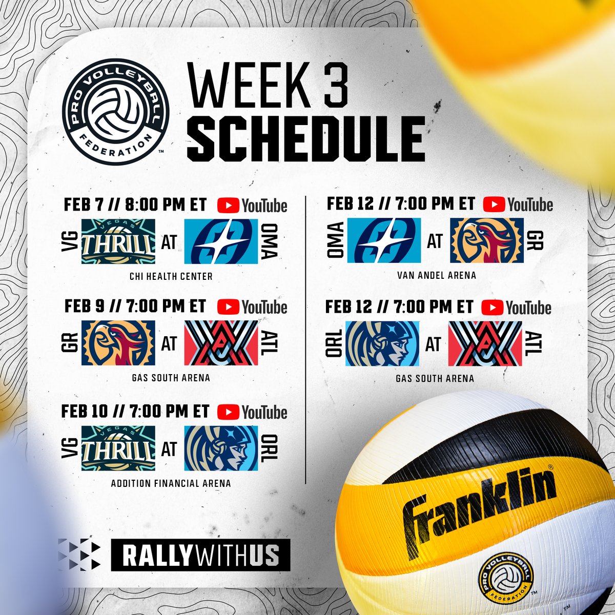 mlvolley's tweet image. 🔥 MATCHUPS IN WEEK 3 #RallyWithUs

The @vegasthrillvb make their debut, and the @AtlantaVibeVB or @GR_Rise will be forced to take their first L of the season. Streaming LIVE &amp;amp; FREE on @youtube. Are you tuning in?!

#RealProVolleyball #ProVolleyball