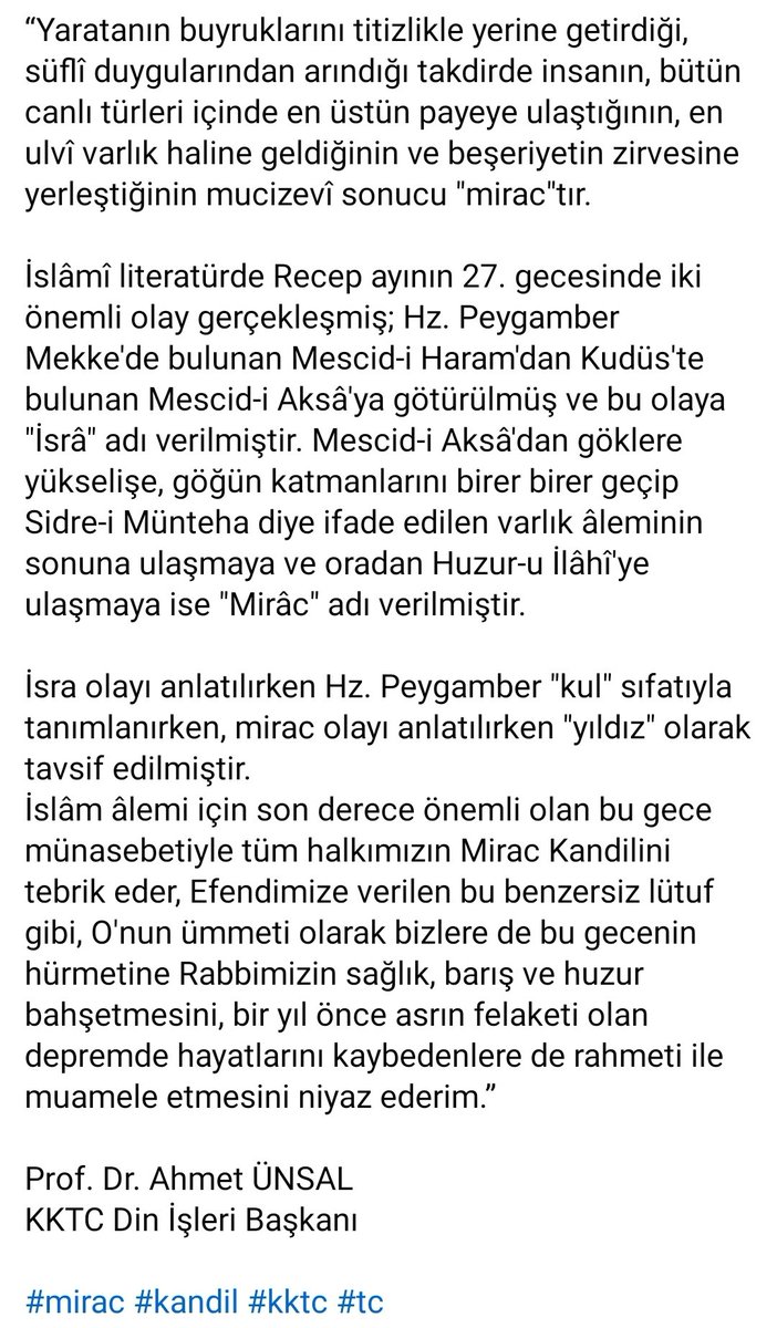 Din İşleri Başkanı Prof. Dr. Ahmet ÜNSAL Mirac Kandili 
Dolayısıyla  Mesaj Yayımladı

Haber detay" kktcdinisleri.com/basmesdetay.ph…

#MiracKandili #mirac #kandil #asrınfelaketi #kktc #tc