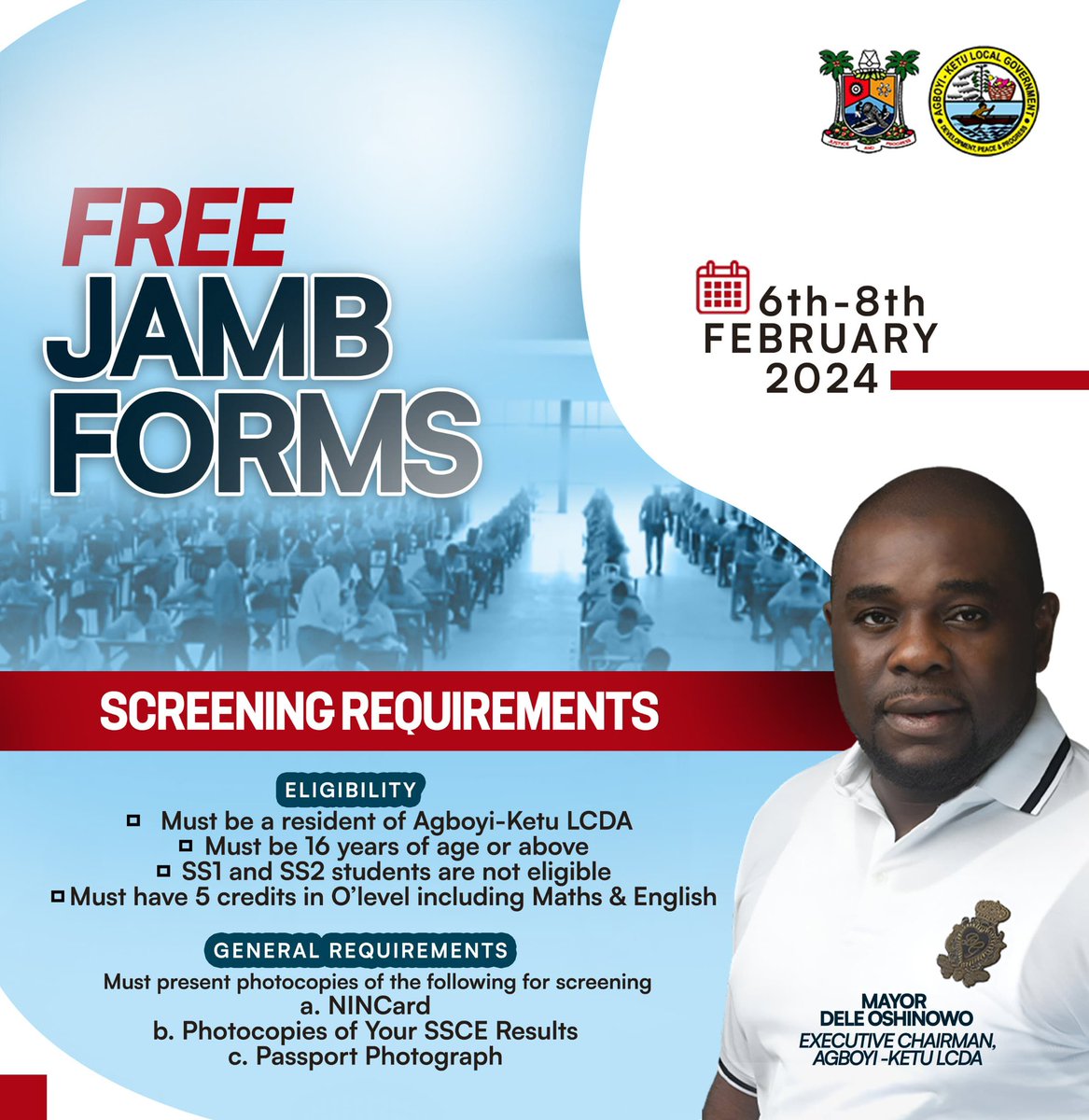 HonMayorDele's tweet photo. To empower the future and one of my many ways to fulfilling my commitment to education in our community, we are providing free JAMB forms to the bright minds of Agboyi-Ketu. Education is the cornerstone of progress, and together, we're shaping a brighter tomorrow. https://t.co/t8ETgqm0en