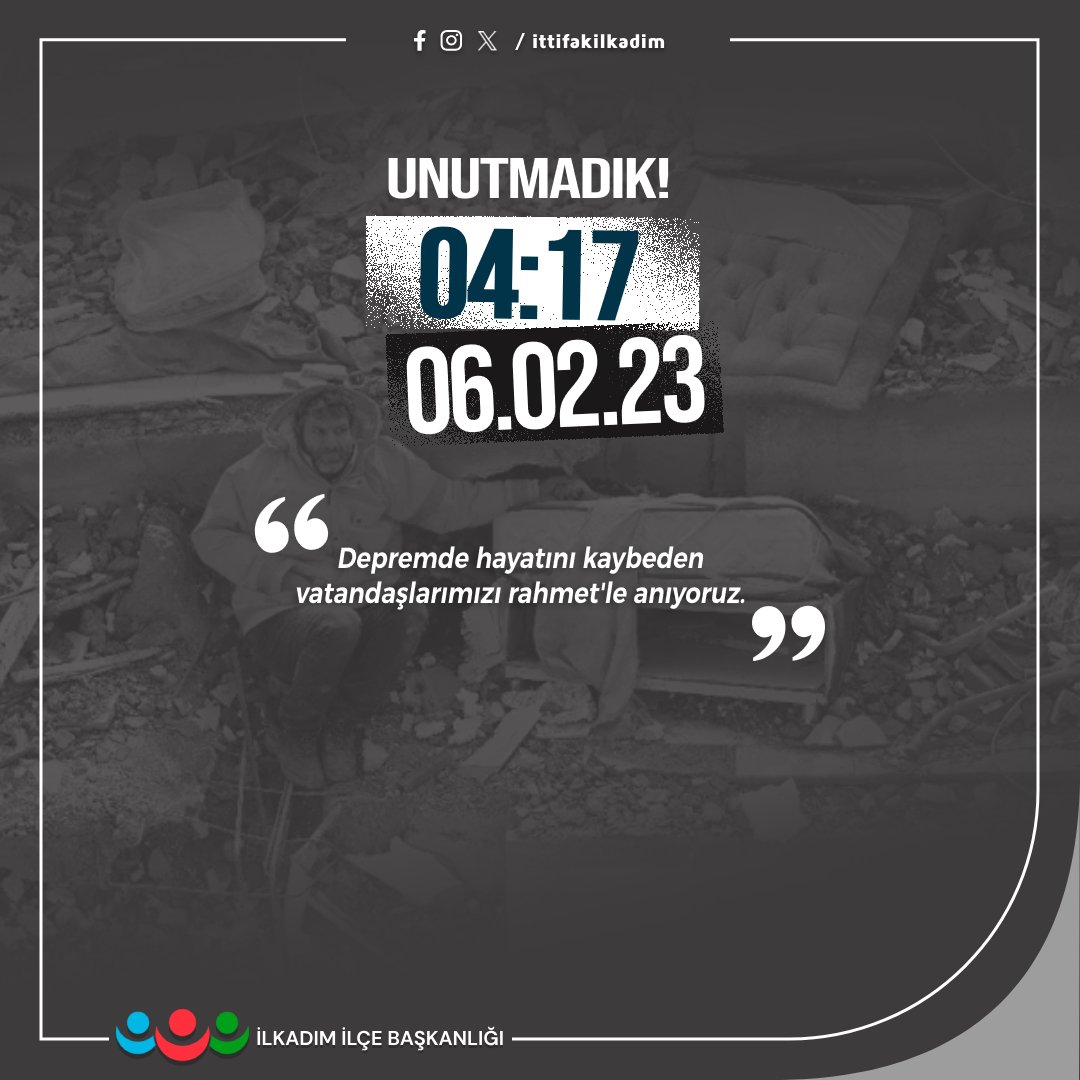 UNUTMADIK!
#6subat2023 
"Depremde hayatını kaybeden vatandaşlarımızı rahmet'le anıyoruz."