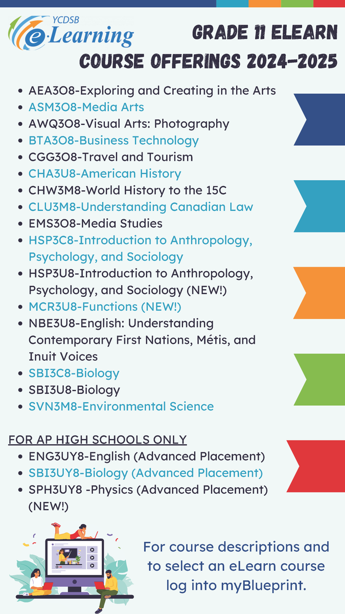 palmateach's tweet photo. As course selection for next year is upon us, Secondary Students are reminded of their options with @YCDSB eLearning. If interested, be sure to choose eLearn accordingly on @myblueprint and contact your guidance counsellor for any questions! @PathwaysYCDSB @CAD_ycdsb https://t.co/P358ozmkPE