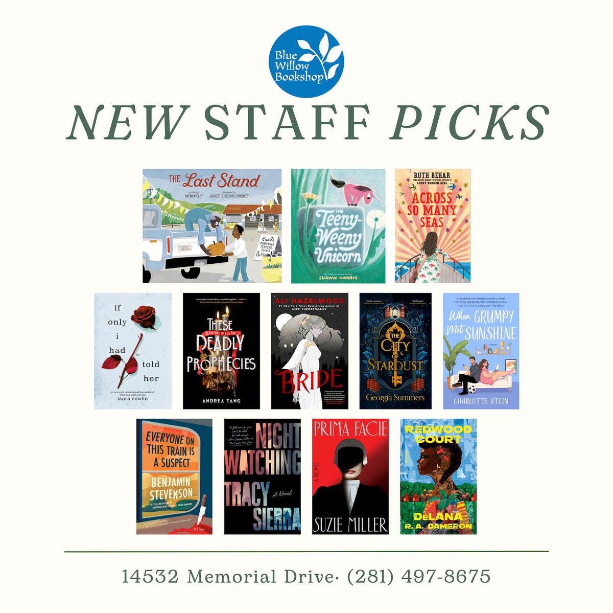 Blue Willow Bookshop (@bluewillowbooks) on Twitter photo Keepers by the dozen. š
See 12 new staff picks our Blue Willow booksellers love! bluewillowbookshop.com/blog/keepers-dā¦
Cc: <a href="/antwan_eady/">Antwan Eady</a> <a href="/jpumphrey/">Jarrett Pumphrey</a> <a href="/wjpumphrey/">Jerome Pumphrey</a> <a href="/ruthbehar/">Ruth Behar</a> <a href="/atangwrites/">Andrea Tang</a> <a href="/Charlotte_Stein/">Charlotte Stein</a> <a href="/SuzieMillerWrtr/">Suzie Miller</a> <a href="/delana_writes/">DĆ©Lana R.A. Dameron</a> <a href="/EverSoAli/">Ali Hazelwood (No longer active)</a> <a href="/tsierraauthor/">Tracy Sierra</a> <a href="/ge_summers/">Georgia Summers</a> Keepers by the dozen. š
See 12 new staff picks our Blue Willow booksellers love! bluewillowbookshop.com/blog/keepers-dā¦
Cc: <a href="/antwan_eady/">Antwan Eady</a> <a href="/jpumphrey/">Jarrett Pumphrey</a> <a href="/wjpumphrey/">Jerome Pumphrey</a> <a href="/ruthbehar/">Ruth Behar</a> <a href="/atangwrites/">Andrea Tang</a> <a href="/Charlotte_Stein/">Charlotte Stein</a> <a href="/SuzieMillerWrtr/">Suzie Miller</a> <a href="/delana_writes/">DƩLana R.A. Dameron</a> <a href="/EverSoAli/">Ali Hazelwood (No longer active)</a> <a href="/tsierraauthor/">Tracy Sierra</a> <a href="/ge_summers/">Georgia Summers</a>