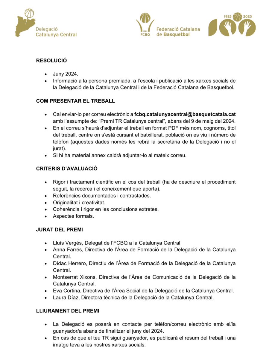 📖 Heu enllestit el vostre treball de recerca? ✍️

🏀 1a edició premi treball de recerca de la <a href="/fcbq_catcentral/">FCBQ_CatCentral</a> 

➡️ Volem premiar el millor TR  relacionat amb el món del 🏀 ⛹️‍♀️⛹️

🔊Presentació: 1/4  fins 9/5 del 2024.
 🌟RESOLUCIÓ: Juny 2024.
🙌🏼consulteu les bases!!